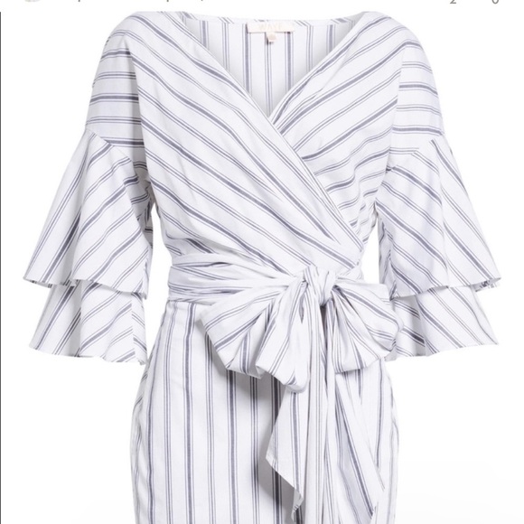 WAYF Women’s Beckett Blue Striped Ruffle Wrap Dress Large Bow Cotton Stretch S - Picture 4 of 13